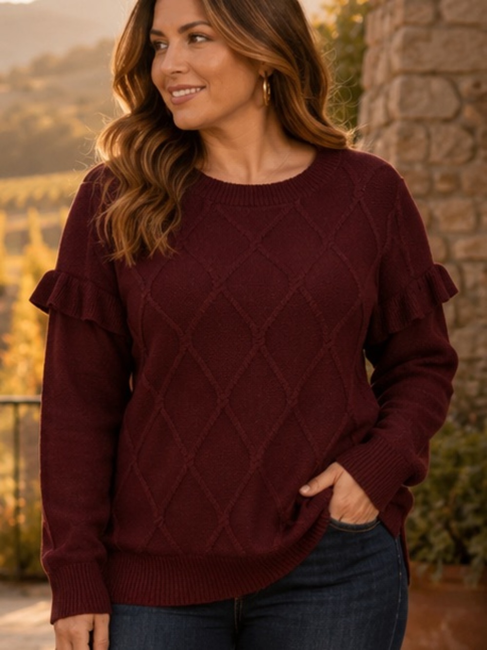 7th Avenue New York & Company Burgundy Ruffle Sleeve Sweater XL